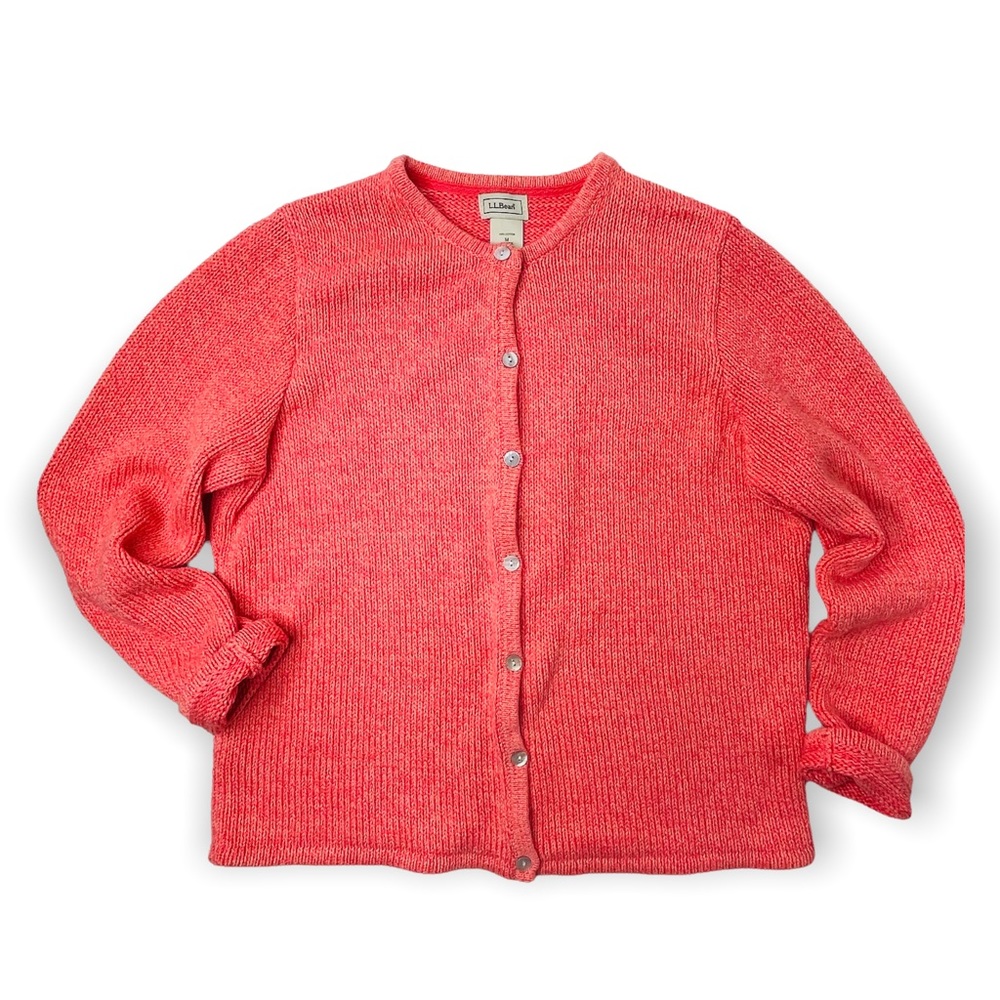 L.L. Bean Coral Cotton Crew Neck Cardigan Size Medium